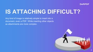 2
IS ATTACHING DIFFICULT?
Any kind of image is relatively simple to insert into a
document, even a PDF. While inserting other objects
as attachments are more complex.
 