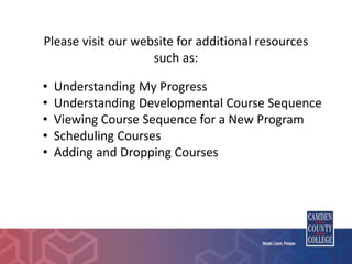 Please visit our website for additional resources
such as:
• Understanding My Progress
• Understanding Developmental Course Sequence
• Viewing Course Sequence for a New Program
• Scheduling Courses
• Adding and Dropping Courses
 