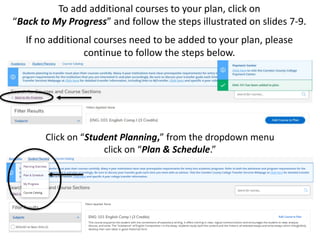 Click on “Student Planning,” from the dropdown menu
click on “Plan & Schedule.”
To add additional courses to your plan, click on
“Back to My Progress” and follow the steps illustrated on slides 7-9.
If no additional courses need to be added to your plan, please
continue to follow the steps below.
 