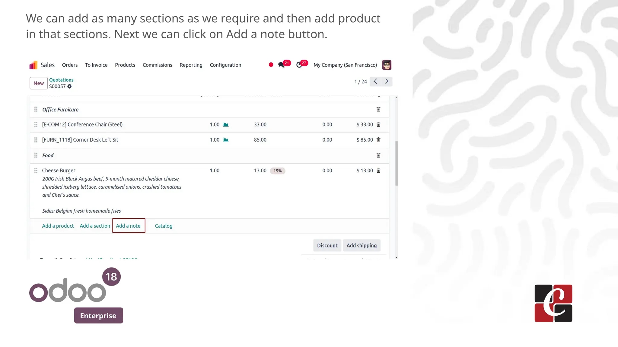 Enterprise
We can add as many sections as we require and then add product
in that sections. Next we can click on Add a note button.
 