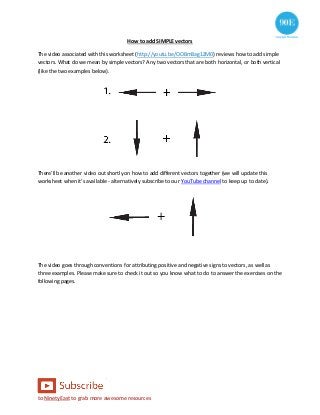 to NinetyEast to grab more awesome resources
How to add SIMPLE vectors
The video associated with this worksheet (http://youtu.be/OOBm8ag1ZM0) reviews how to add simple
vectors. What do we mean by simple vectors? Any two vectors that are both horizontal, or both vertical
(like the two examples below).
There'll be another video out shortly on how to add different vectors together (we will update this
worksheet when it's available - alternatively subscribe to our YouTube channel to keep up to date).
The video goes through conventions for attributing positive and negative signs to vectors, as well as
three examples. Please make sure to check it out so you know what to do to answer the exercises on the
following pages.
 