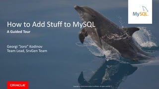 Copyright © 2018, Oracle and/or its affiliates. All rights reserved. |
How to Add Stuff to MySQL
Georgi “Joro” Kodinov
Team Lead, SrvGen Team
A Guided Tour
 