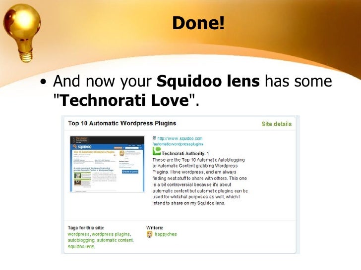 Add Squidoo lens to Technorati