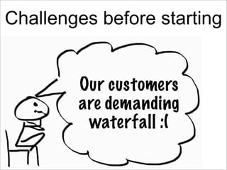 Challenges before starting

  • “Why to change?”
  • “We are already agile”
  •           Our customers
    “Just another ...