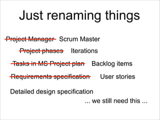 Just renaming things
Project Manager Scrum Master
    Project phases      Iterations
 Tasks in MS Project plan      Backlo...
