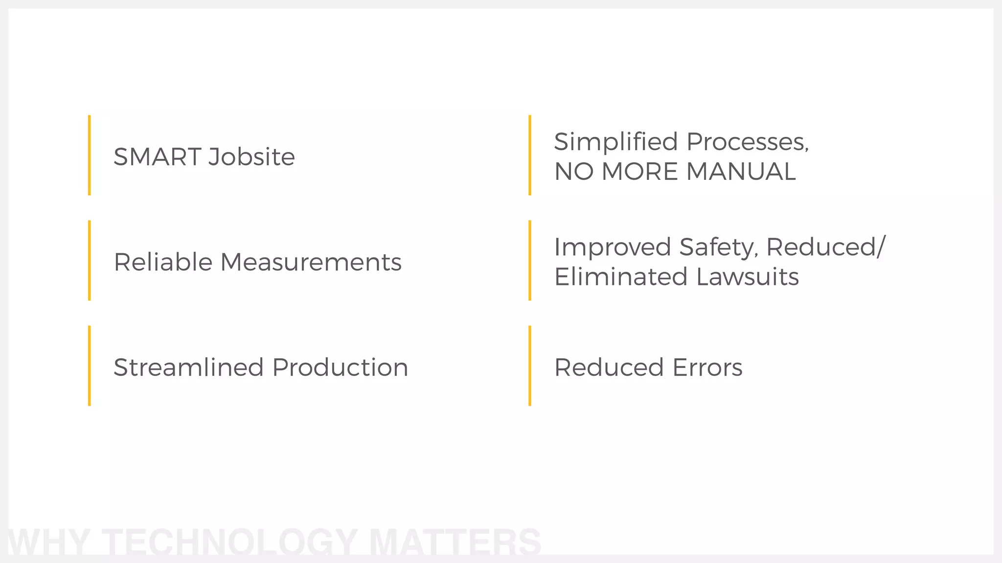SMART Jobsite
Reliable Measurements
Streamlined Production
Simpliﬁed Processes,  
NO MORE MANUAL
Improved Safety, Reduced/
Eliminated Lawsuits
Reduced Errors
WHY TECHNOLOGY MATTERS
 