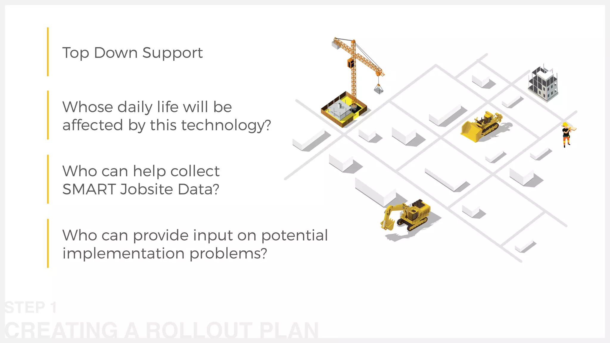 Whose daily life will be
affected by this technology?
Who can help collect
SMART Jobsite Data?
Who can provide input on potential
implementation problems?
STEP 1
CREATING A ROLLOUT PLAN
Top Down Support
 