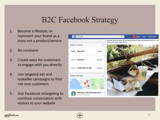 19
B2C Facebook Strategy
1. Become a lifestyle; or
represent your brand as a
story not a product/service
2. Be consisent
3. Create ways for customers
to engage with you directly
4. Use targeted ads and
lookalike campaigns to find
net new customers
5. Use Facebook retargeting to
continue conversation with
visitors to your website
 