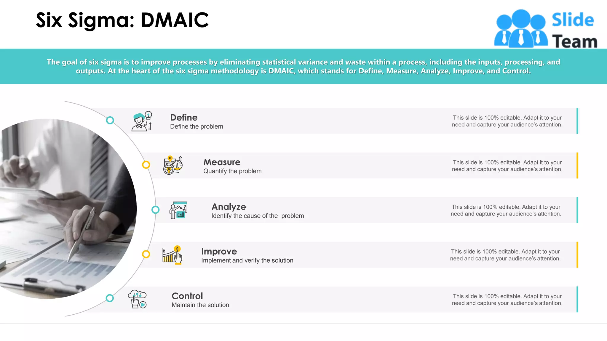 Define
Define the problem
This slide is 100% editable. Adapt it to your
need and capture your audience’s attention.
Measure
Quantify the problem
This slide is 100% editable. Adapt it to your
need and capture your audience’s attention.
Analyze
Identify the cause of the problem
This slide is 100% editable. Adapt it to your
need and capture your audience’s attention.
Improve
Implement and verify the solution
This slide is 100% editable. Adapt it to your
need and capture your audience’s attention.
Control
Maintain the solution
This slide is 100% editable. Adapt it to your
need and capture your audience’s attention.
Six Sigma: DMAIC
12
The goal of six sigma is to improve processes by eliminating statistical variance and waste within a process, including the inputs, processing, and
outputs. At the heart of the six sigma methodology is DMAIC, which stands for Define, Measure, Analyze, Improve, and Control.
 