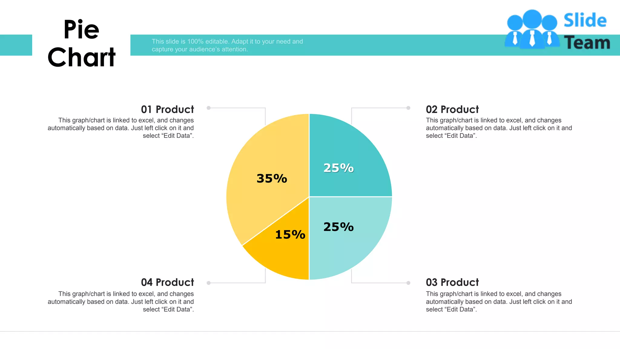 30
Pie
Chart
02 Product
This graph/chart is linked to excel, and changes
automatically based on data. Just left click on it and
select “Edit Data”.
03 Product
This graph/chart is linked to excel, and changes
automatically based on data. Just left click on it and
select “Edit Data”.
01 Product
This graph/chart is linked to excel, and changes
automatically based on data. Just left click on it and
select “Edit Data”.
04 Product
This graph/chart is linked to excel, and changes
automatically based on data. Just left click on it and
select “Edit Data”.
25%
25%
15%
35%
 