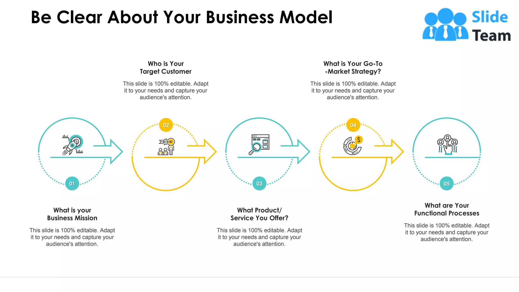 Be Clear About Your Business Model
5
This slide is 100% editable. Adapt
it to your needs and capture your
audience's attention.
What is your
Business Mission
This slide is 100% editable. Adapt
it to your needs and capture your
audience's attention.
Who is Your
Target Customer
This slide is 100% editable. Adapt
it to your needs and capture your
audience's attention.
What Product/
Service You Offer?
This slide is 100% editable. Adapt
it to your needs and capture your
audience's attention.
What is Your Go-To
-Market Strategy?
This slide is 100% editable. Adapt
it to your needs and capture your
audience's attention.
What are Your
Functional Processes
01
02
03
04
05
 
