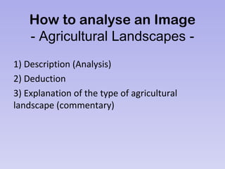 How to analyse an Image
- Agricultural Landscapes -
1) Description (Analysis)
2) Deduction
3) Explanation of the type of agricultural
landscape (commentary)
 