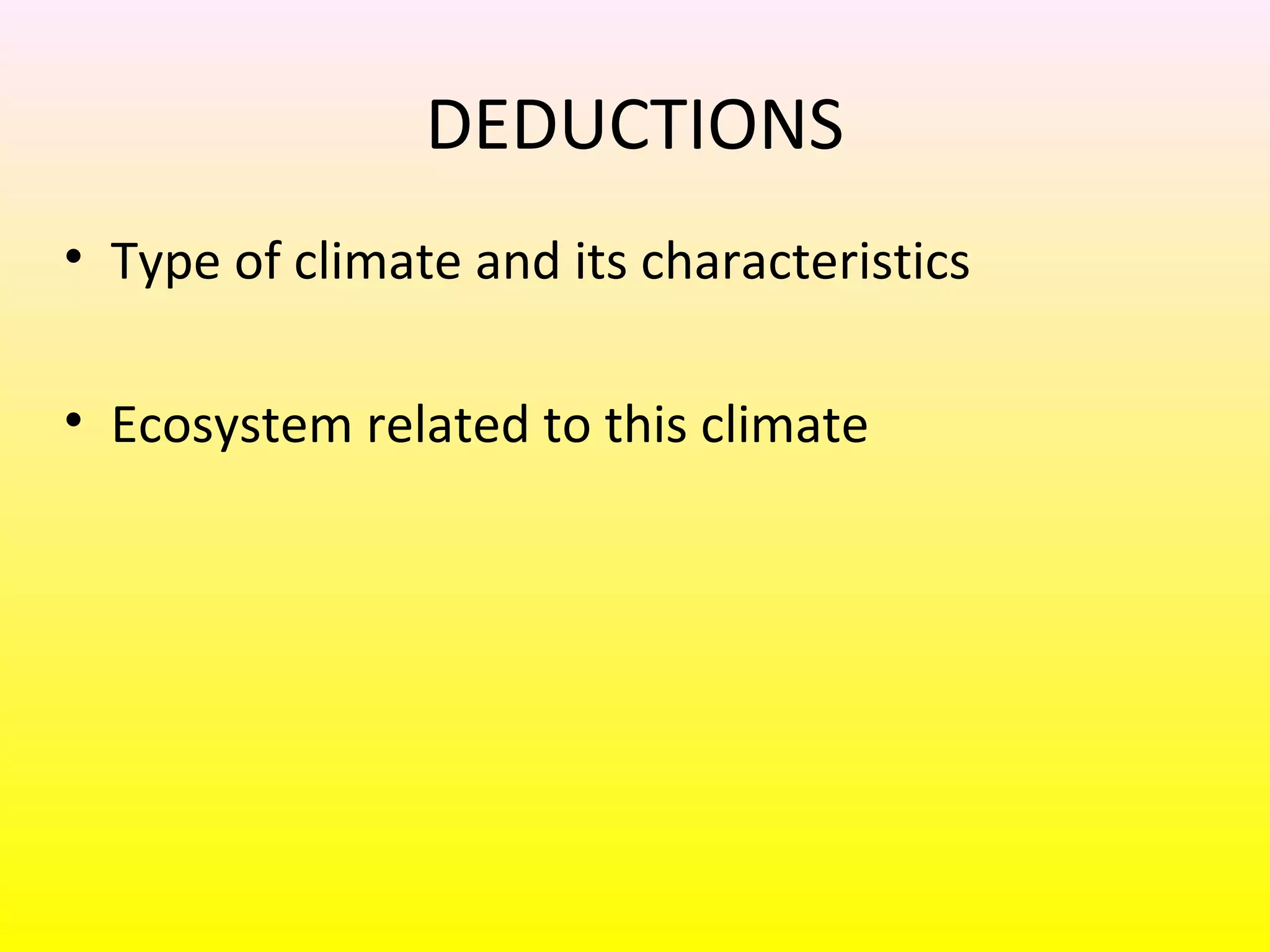 DEDUCTIONS
• Type of climate and its characteristics
• Ecosystem related to this climate
 