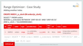 Copyright © 2015, Oracle and/or its affiliates. All rights reserved.
Range Optimizer: Case Study
CREATE INDEX i_o_clerk ON orders(o_clerk);
SELECT * FROM orders
WHERE o_orderdate BETWEEN '1997-05-01' AND '1997-05-31'
AND o_clerk = 'Clerk#000001866';
Adding another index
id
select
type
table type possible keys key
key
len
ref rows extra
1 SIMPLE orders range
i_o_orderdate,
i_o_clerk
i_o_clerk 16 NULL 1504
Using index condition;
Using where
mysql> SELECT * FROM orders WHERE o_orderdate BETWEEN '1997-05-01' AND …
...
15 rows in set (0.01 sec)
 