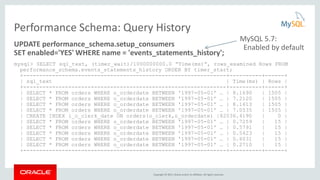 Copyright © 2015, Oracle and/or its affiliates. All rights reserved.
Performance Schema: Query History
UPDATE performance_schema.setup_consumers
SET enabled='YES' WHERE name = 'events_statements_history';
mysql> SELECT sql_text, (timer_wait)/1000000000.0 “Time(ms)”, rows_examined Rows FROM
performance_schema.events_statements_history ORDER BY timer_start;
+---------------------------------------------------------------+----------+------+
| sql_text | Time(ms) | Rows |
+---------------------------------------------------------------+----------+------+
| SELECT * FROM orders WHERE o_orderdate BETWEEN '1997-05-01' … | 8.1690 | 1505 |
| SELECT * FROM orders WHERE o_orderdate BETWEEN '1997-05-01' … | 7.2120 | 1505 |
| SELECT * FROM orders WHERE o_orderdate BETWEEN '1997-05-01' … | 8.1613 | 1505 |
| SELECT * FROM orders WHERE o_orderdate BETWEEN '1997-05-01' … | 7.0535 | 1505 |
| CREATE INDEX i_o_clerk_date ON orders(o_clerk,o_orderdate) |82036.4190 | 0 |
| SELECT * FROM orders WHERE o_orderdate BETWEEN '1997-05-01' … | 0.7259 | 15 |
| SELECT * FROM orders WHERE o_orderdate BETWEEN '1997-05-01' … | 0.5791 | 15 |
| SELECT * FROM orders WHERE o_orderdate BETWEEN '1997-05-01' … | 0.5423 | 15 |
| SELECT * FROM orders WHERE o_orderdate BETWEEN '1997-05-01' … | 0.6031 | 15 |
| SELECT * FROM orders WHERE o_orderdate BETWEEN '1997-05-01' … | 0.2710 | 15 |
+---------------------------------------------------------------+----------+------+
MySQL 5.7:
Enabled by default
 