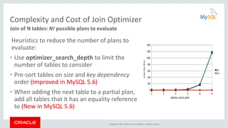 Copyright © 2015, Oracle and/or its affiliates. All rights reserved.
Complexity and Cost of Join Optimizer
Heuristics to reduce the number of plans to
evaluate:
• Use optimizer_search_depth to limit the
number of tables to consider
• Pre-sort tables on size and key dependency
order (Improved in MySQL 5.6)
• When adding the next table to a partial plan,
add all tables that it has an equality reference
to (New in MySQL 5.6)
Join of N tables: N! possible plans to evaluate
 