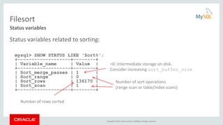 Copyright © 2015, Oracle and/or its affiliates. All rights reserved.
Filesort
Status variables related to sorting:
mysql> SHOW STATUS LIKE 'Sort%';
+-------------------+--------+
| Variable_name | Value |
+-------------------+--------+
| Sort_merge_passes | 1 |
| Sort_range | 0 |
| Sort_rows | 136170 |
| Sort_scan | 1 |
+-------------------+--------+
Status variables
>0: Intermediate storage on disk.
Consider increasing sort_buffer_size
Number of sort operations
(range scan or table/index scans)
Number of rows sorted
 