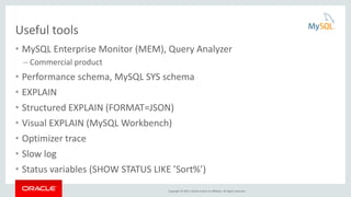 Copyright © 2015, Oracle and/or its affiliates. All rights reserved.
Useful tools
• MySQL Enterprise Monitor (MEM), Query Analyzer
– Commercial product
• Performance schema, MySQL SYS schema
• EXPLAIN
• Structured EXPLAIN (FORMAT=JSON)
• Visual EXPLAIN (MySQL Workbench)
• Optimizer trace
• Slow log
• Status variables (SHOW STATUS LIKE ’Sort%’)
 