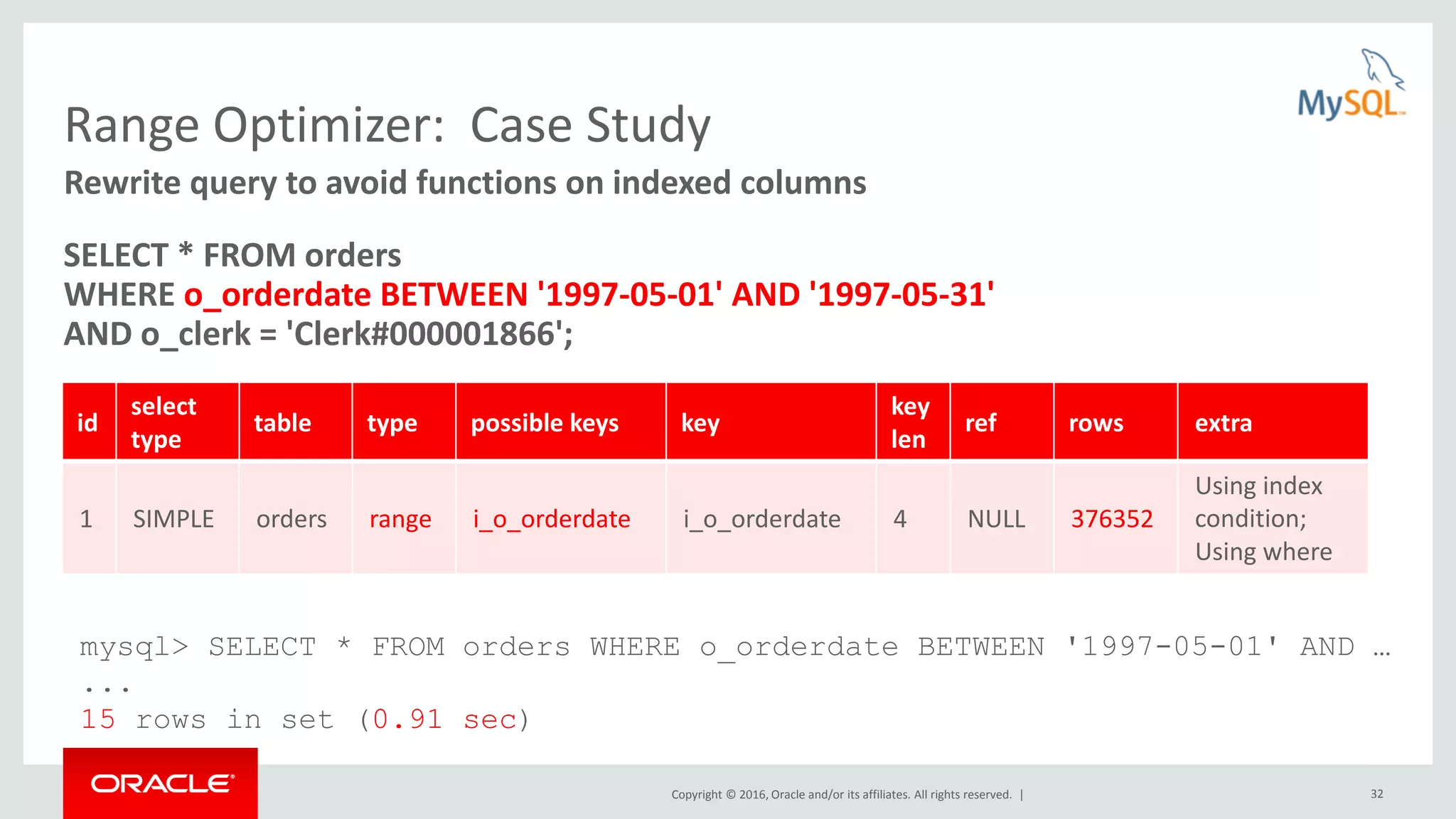 Copyright © 2016, Oracle and/or its affiliates. All rights reserved. | 32 Range Optimizer: Case Study SELECT * FROM orders WHERE o_orderdate BETWEEN '1997-05-01' AND '1997-05-31' AND o_clerk = 'Clerk#000001866'; Rewrite query to avoid functions on indexed columns id select type table type possible keys key key len ref rows extra 1 SIMPLE orders range i_o_orderdate i_o_orderdate 4 NULL 376352 Using index condition; Using where mysql> SELECT * FROM orders WHERE o_orderdate BETWEEN '1997-05-01' AND … ... 15 rows in set (0.91 sec) 