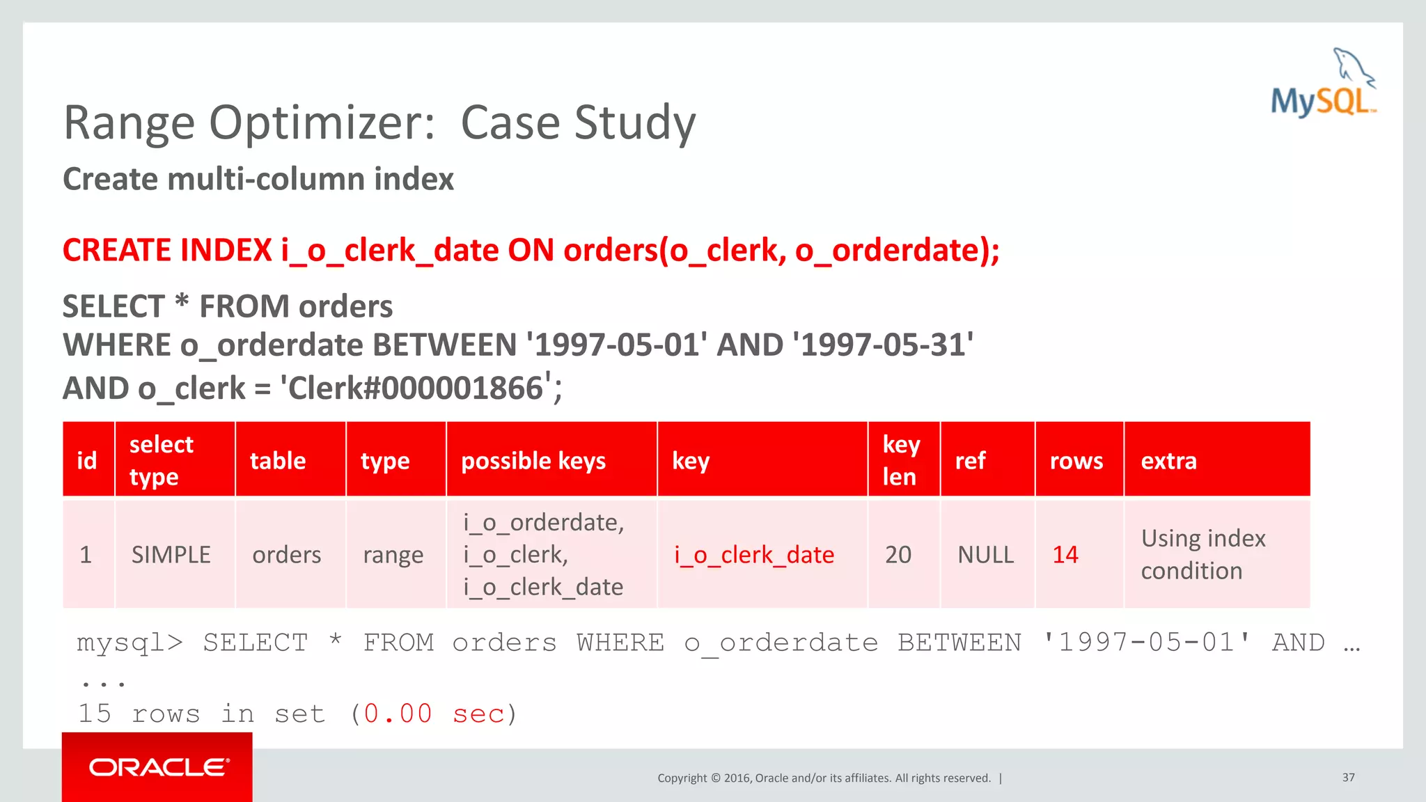 Copyright © 2016, Oracle and/or its affiliates. All rights reserved. | 37 Range Optimizer: Case Study CREATE INDEX i_o_clerk_date ON orders(o_clerk, o_orderdate); SELECT * FROM orders WHERE o_orderdate BETWEEN '1997-05-01' AND '1997-05-31' AND o_clerk = 'Clerk#000001866'; Create multi-column index id select type table type possible keys key key len ref rows extra 1 SIMPLE orders range i_o_orderdate, i_o_clerk, i_o_clerk_date i_o_clerk_date 20 NULL 14 Using index condition mysql> SELECT * FROM orders WHERE o_orderdate BETWEEN '1997-05-01' AND … ... 15 rows in set (0.00 sec) 