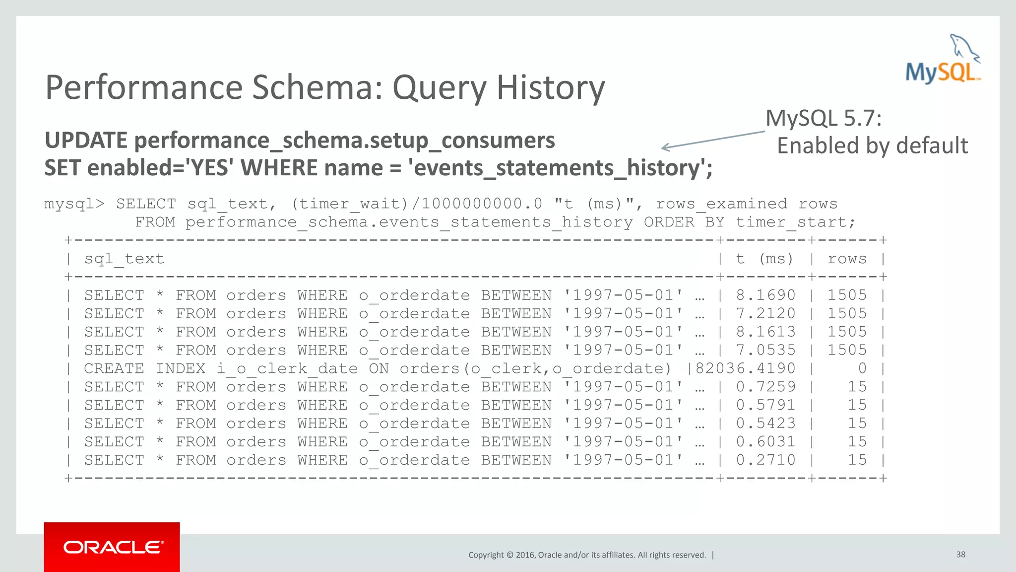 Copyright © 2016, Oracle and/or its affiliates. All rights reserved. | 38 Performance Schema: Query History UPDATE performance_schema.setup_consumers SET enabled='YES' WHERE name = 'events_statements_history'; mysql> SELECT sql_text, (timer_wait)/1000000000.0 "t (ms)", rows_examined rows FROM performance_schema.events_statements_history ORDER BY timer_start; +---------------------------------------------------------------+--------+------+ | sql_text | t (ms) | rows | +---------------------------------------------------------------+--------+------+ | SELECT * FROM orders WHERE o_orderdate BETWEEN '1997-05-01' … | 8.1690 | 1505 | | SELECT * FROM orders WHERE o_orderdate BETWEEN '1997-05-01' … | 7.2120 | 1505 | | SELECT * FROM orders WHERE o_orderdate BETWEEN '1997-05-01' … | 8.1613 | 1505 | | SELECT * FROM orders WHERE o_orderdate BETWEEN '1997-05-01' … | 7.0535 | 1505 | | CREATE INDEX i_o_clerk_date ON orders(o_clerk,o_orderdate) |82036.4190 | 0 | | SELECT * FROM orders WHERE o_orderdate BETWEEN '1997-05-01' … | 0.7259 | 15 | | SELECT * FROM orders WHERE o_orderdate BETWEEN '1997-05-01' … | 0.5791 | 15 | | SELECT * FROM orders WHERE o_orderdate BETWEEN '1997-05-01' … | 0.5423 | 15 | | SELECT * FROM orders WHERE o_orderdate BETWEEN '1997-05-01' … | 0.6031 | 15 | | SELECT * FROM orders WHERE o_orderdate BETWEEN '1997-05-01' … | 0.2710 | 15 | +---------------------------------------------------------------+--------+------+ MySQL 5.7: Enabled by default 