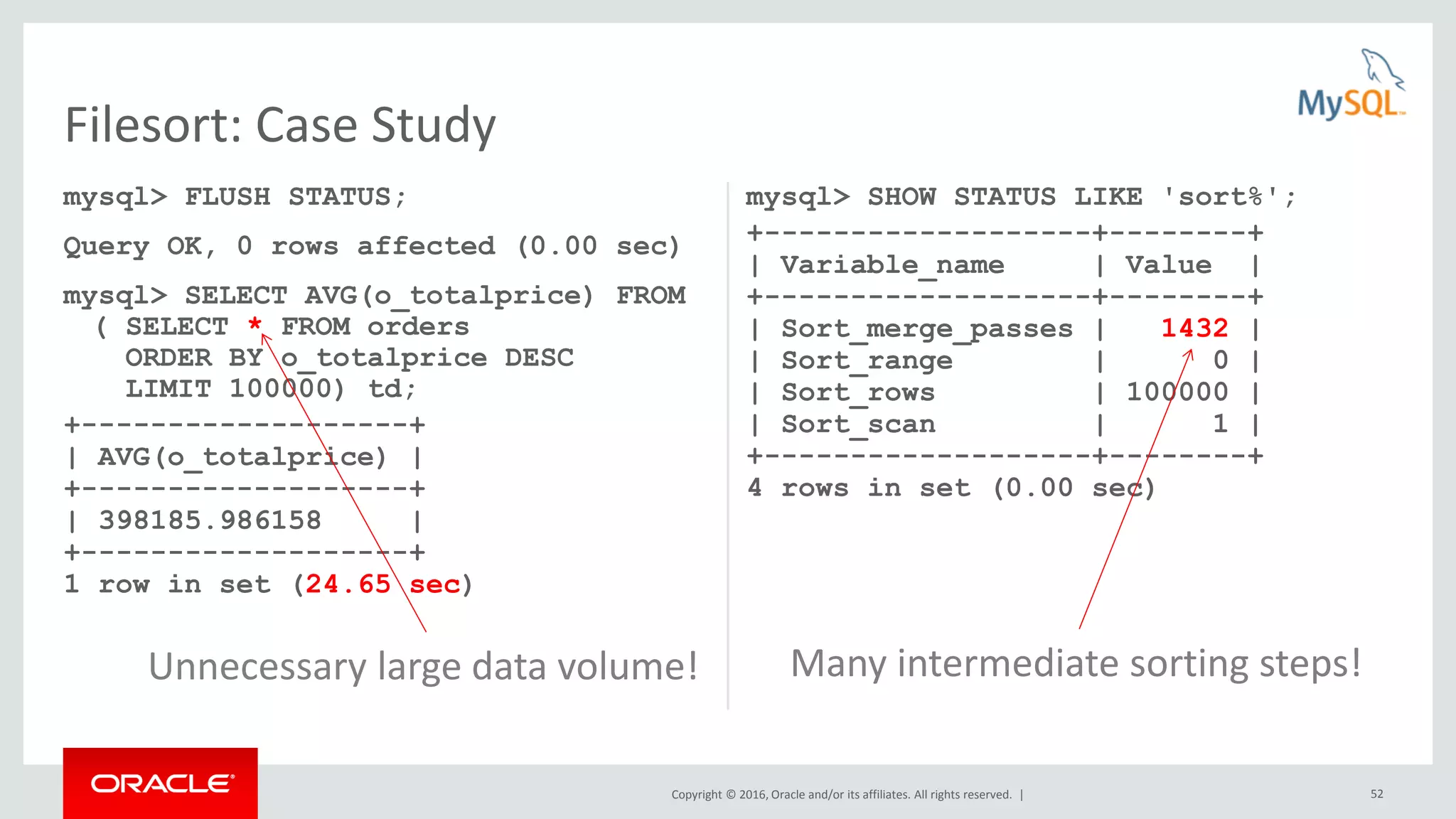 Copyright © 2016, Oracle and/or its affiliates. All rights reserved. | 52 mysql> FLUSH STATUS; Query OK, 0 rows affected (0.00 sec) mysql> SELECT AVG(o_totalprice) FROM ( SELECT * FROM orders ORDER BY o_totalprice DESC LIMIT 100000) td; +-------------------+ | AVG(o_totalprice) | +-------------------+ | 398185.986158 | +-------------------+ 1 row in set (24.65 sec) mysql> SHOW STATUS LIKE 'sort%'; +-------------------+--------+ | Variable_name | Value | +-------------------+--------+ | Sort_merge_passes | 1432 | | Sort_range | 0 | | Sort_rows | 100000 | | Sort_scan | 1 | +-------------------+--------+ 4 rows in set (0.00 sec) Filesort: Case Study Unnecessary large data volume! Many intermediate sorting steps! 