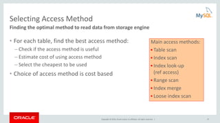 Copyright © 2016, Oracle and/or its affiliates. All rights reserved. | 27
Selecting Access Method
• For each table, find the best access method:
– Check if the access method is useful
– Estimate cost of using access method
– Select the cheapest to be used
• Choice of access method is cost based
Finding the optimal method to read data from storage engine
Main access methods:
 Table scan
 Index scan
 Index look-up
(ref access)
 Range scan
 Index merge
 Loose index scan
 