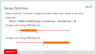 Copyright © 2016, Oracle and/or its affiliates. All rights reserved. | 30
Range Optimizer
• Goal: find the "minimal" ranges for each index that needs to be read
• Example:
SELECT * FROM t1 WHERE (key1 > 10 AND key1 < 20) AND key2 > 30
• Range scan using INDEX(key1):
• Range scan using INDEX(key2):
10 20
30
 