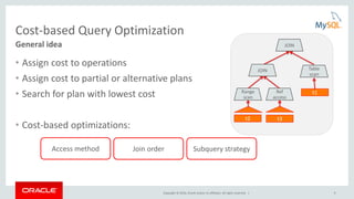 Copyright © 2016, Oracle and/or its affiliates. All rights reserved. | 6
Cost-based Query Optimization
• Assign cost to operations
• Assign cost to partial or alternative plans
• Search for plan with lowest cost
• Cost-based optimizations:
General idea
Access method Subquery strategyJoin order
t2 t3
t1
Table
scan
Range
scan
Ref
access
JOIN
JOIN
 