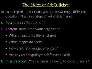 The Steps of Art Criticism
In each step of art criticism, you are answering a different
question. The three steps of art criticism are:
1. Description: What do I see?
2. Analysis: How is the work organized?
• What colors does the artist use?
• What images do I see?
• How are these images arranged?
• Are any archetypal symbols/figures used?
3. Interpretation: What is the artist trying to communicate?
 