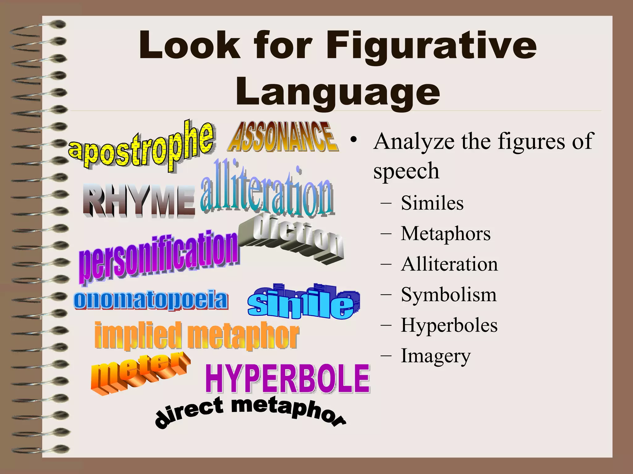 Look for Figurative Language Analyze the figures of speech Similes Metaphors Alliteration Symbolism Hyperboles Imagery simile implied metaphor direct metaphor personification HYPERBOLE meter onomatopoeia RHYME alliteration ASSONANCE apostrophe diction