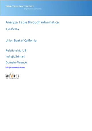 Analyze Table through informatica
13/11/2014
Union Bank of California
Relationship-UB
Indrajit Srimani
Domain-Finance
indrajit.srimani@tcs.com
 