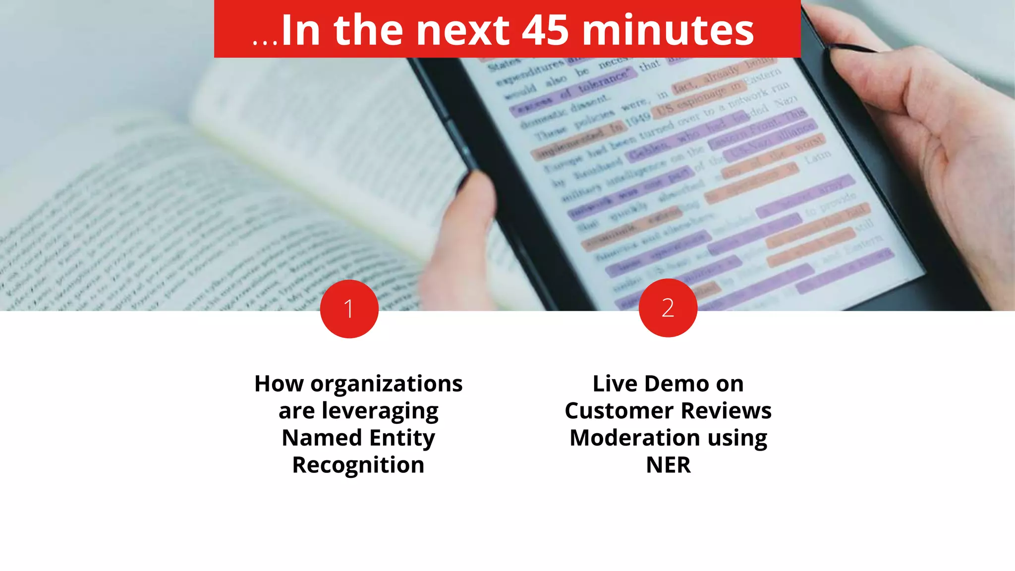 Live Demo on
Customer Reviews
Moderation using
NER
How organizations
are leveraging
Named Entity
Recognition
1 2
...In the next 45 minutes
 