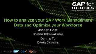 A collaboration of:
How to analyze your SAP Work Management
Data and Optimize your Workforce
Joseph Conti
Southern California Edison
Dennis Tu
Deloitte Consulting
 