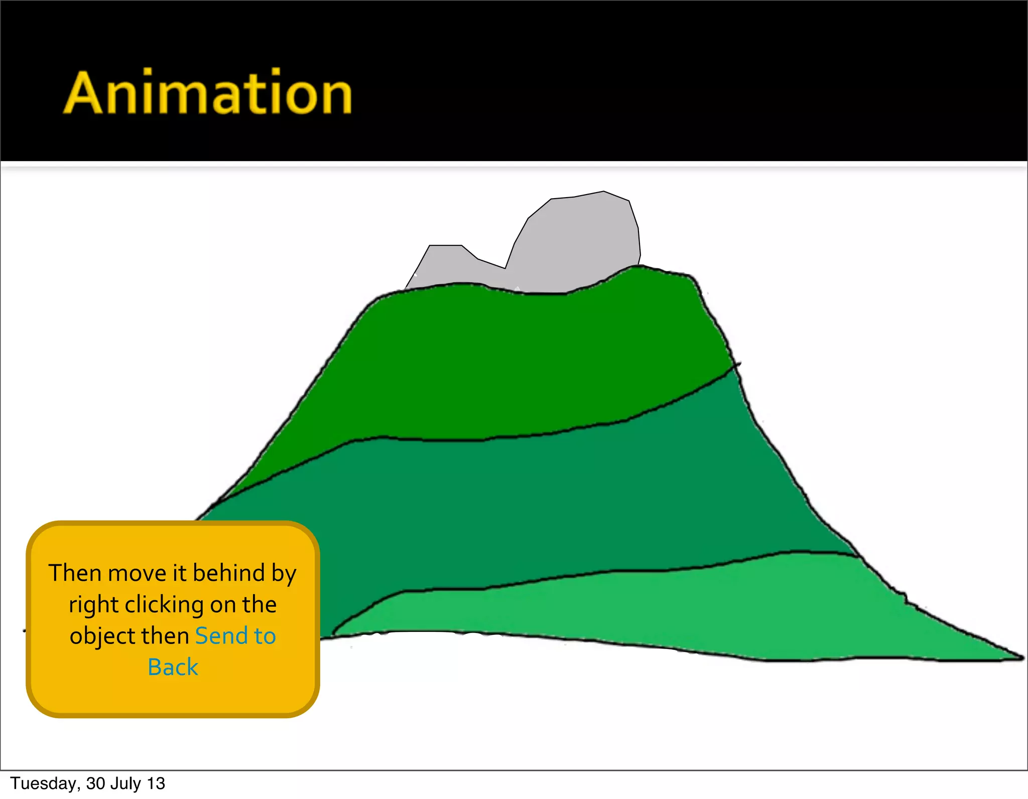 Then	
  move	
  it	
  behind	
  by	
  
right	
  clicking	
  on	
  the	
  
object	
  then	
  Send	
  to	
  
Back	
  
Tuesday, 30 July 13
 