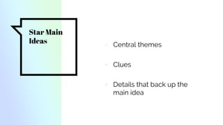 Star Main
Ideas ▫ Central themes
▫ Clues
▫ Details that back up the
main idea
 