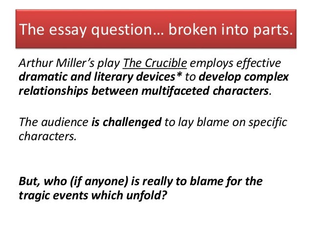 crucible essay question Crucible is a play by arthur miller the crucible study guide contains a biography of arthur miller, literature essays, quiz questions, major themes, characters arthur miller's the crucible: fact & fiction, by margo burns. crucible essay question Crucible is a play by arthur miller the crucible study guide contains a biography of arthur miller, literature essays, quiz questions, major themes, characters arthur miller's the crucible: fact & fiction, by margo burns.