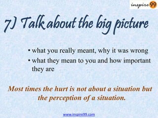 7) Talk about the big picture
• what you really meant, why it was wrong
• what they mean to you and how important
they are
Most times the hurt is not about a situation but
the perception of a situation.
www.inspire99.com
 