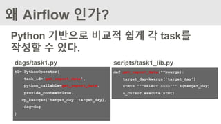 왜 Airflow 인가?
Python 기반으로 비교적 쉽게 각 task를
작성할 수 있다.
t1= PythonOperator(
task_id='get_report_data',
python_callable=get_report_data,
provide_context=True,
op_kwargs={'target_day':target_day},
dag=dag
)
def get_report_data(**kwargs):
target_day=kwargs['target_day']
stmt= """SELECT ~~~~""" %(target_day)
a_cursor.execute(stmt)
dags/task1.py scripts/task1_lib.py
 