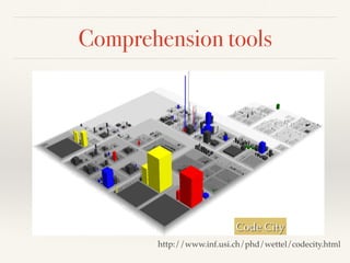 Comprehension tools
Code City
http://www.inf.usi.ch/phd/wettel/codecity.html
 