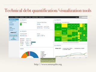 Technical debt quantification/visualization tools
Sonarqube
http://www.sonarqube.org
 