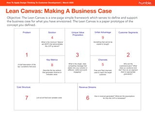 How To Apply Design Thinking To Customer Development | March 2020
Problem Solution
Key Metrics
Unique Value
Proposition
Unfair Advantage
Channels
Customer Segments
Cost Structure Revenue Streams
1 3 2
67
4
8 5
9
A brief description of the
top 3 problems that exist
What is the single, clear,
compelling message that
states why your solution is
different, useful and worth
engaging?
Who are the
customers/users? What
does our audience look
like? How do we segment
them to appropriate
granularity?
Free and Paid channels
used to reach the target
customer.
Something that cannot be
copied or bought.
What is the minimum ‘feature’
set (MVP) that demonstrates
the UVP up above?
Describe the key actions
that generates revenue or
indicates value.
List out all fixed and variable costs.
How is revenue generated? What are the assumptions
for how the UVP is monetized?
Lean Canvas: Making A Business Case
Objective: The Lean Canvas is a one-page simple framework which serves to deﬁne and support
the business case for what you have envisioned. The Lean Canvas is a paper prototype of the
concept you deﬁned.
 