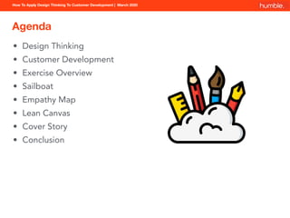 How To Apply Design Thinking To Customer Development | March 2020
Agenda
• Design Thinking
• Customer Development
• Exercise Overview
• Sailboat
• Empathy Map
• Lean Canvas
• Cover Story
• Conclusion
 
