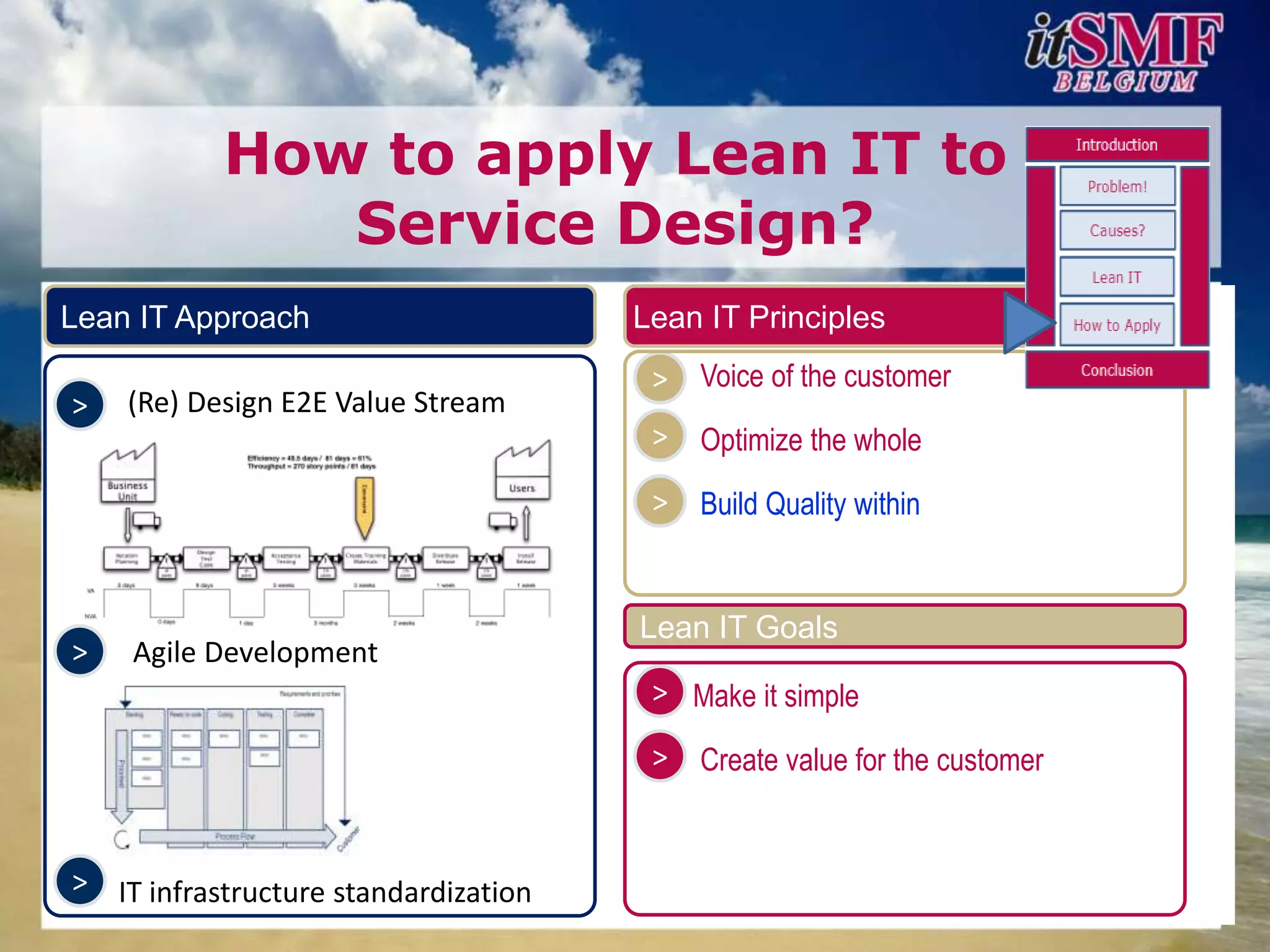 How to apply Lean IT to
              Service Design?
Lean IT Approach                      Lean IT Principles
                                       >   Voice of the customer
>   (Re) Design E2E Value Stream
                                       >   Optimize the whole
                                       >   Build Quality within


                                      Lean IT Goals
>   Agile Development
                                       > Make it simple

                                       >   Create value for the customer


> IT infrastructure standardization
 
