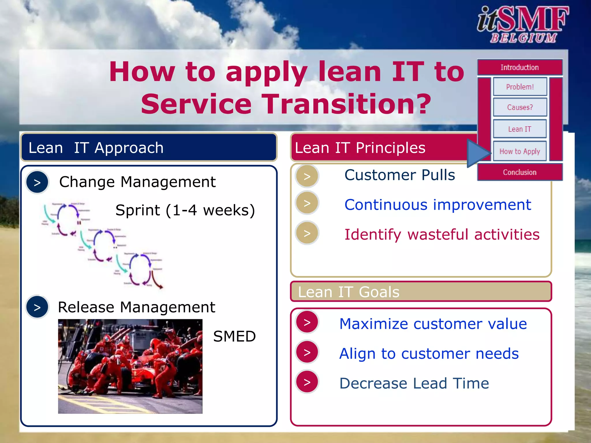 How to apply lean IT to
           Service Transition?
Lean IT Approach               Lean IT Principles

>   Change Management           >    Customer Pulls

          Sprint (1-4 weeks)
                                >    Continuous improvement
                                >    Identify wasteful activities


                               Lean IT Goals
>   Release Management
                                >    Maximize customer value
                      SMED
                                >    Align to customer needs
                                >    Decrease Lead Time
 