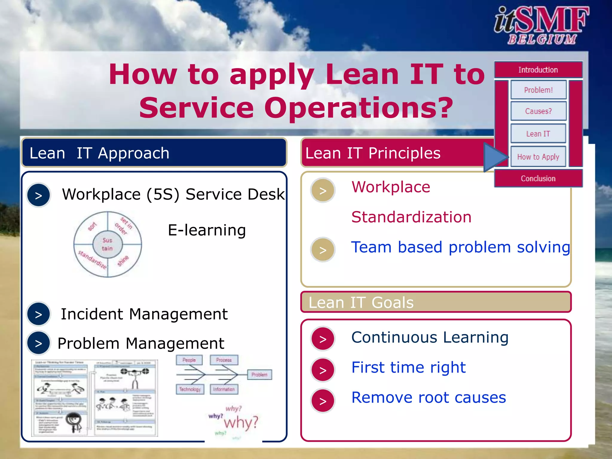 How to apply Lean IT to
          Service Operations?
Lean IT Approach                  Lean IT Principles

    Workplace (5S) Service Desk    >    Workplace
>
                                        Standardization
                E-learning
                                   >    Team based problem solving


                                  Lean IT Goals
>   Incident Management
> Problem Management               >    Continuous Learning

                                   >    First time right

                                   >    Remove root causes
 