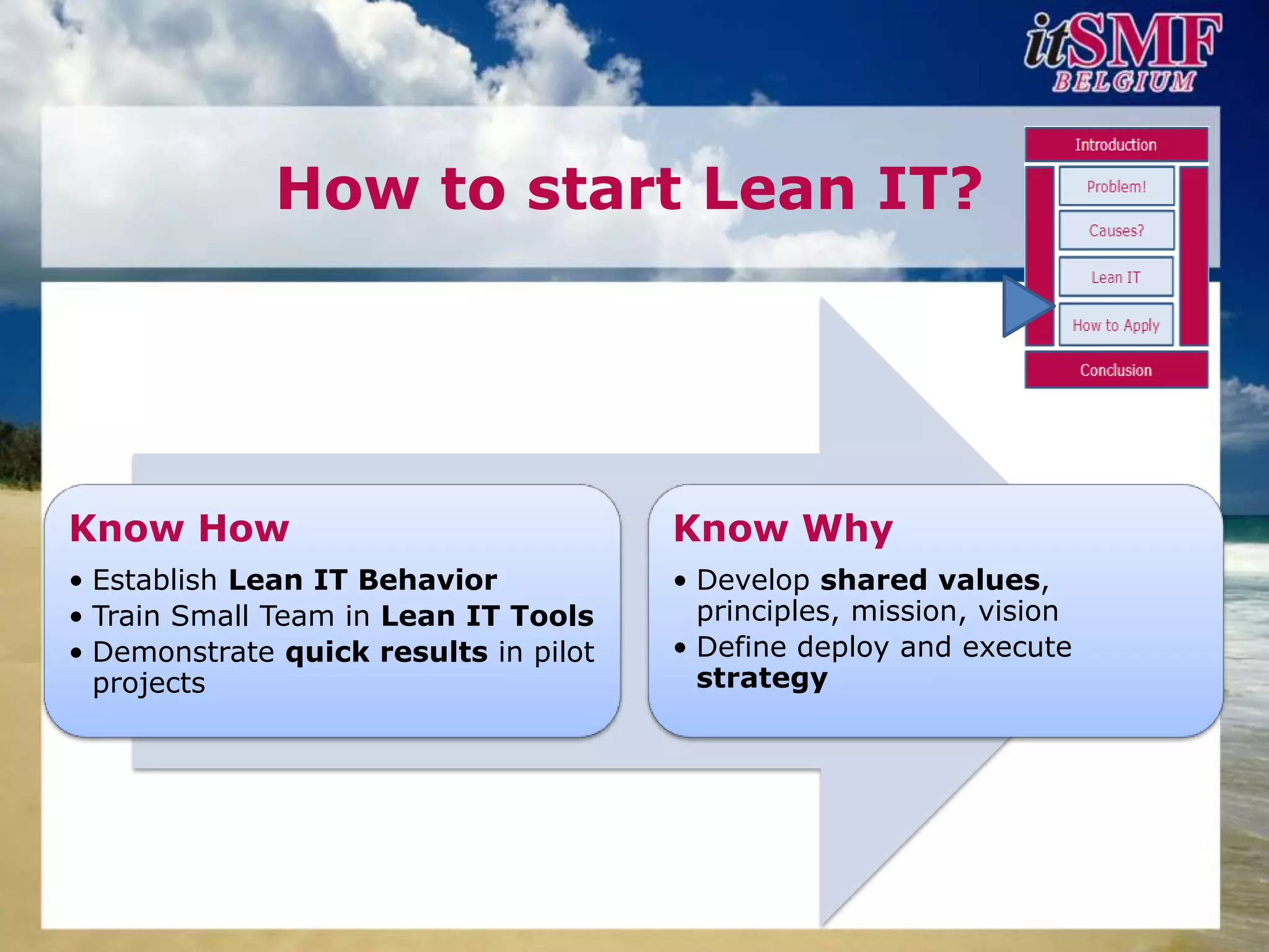 How to start Lean IT?




Know How                               Know Why
• Establish Lean IT Behavior           • Develop shared values,
• Train Small Team in Lean IT Tools      principles, mission, vision
• Demonstrate quick results in pilot   • Define deploy and execute
  projects                               strategy
 