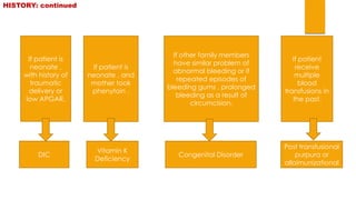 If patient is 
neonate , 
with history of 
traumatic 
delivery or 
low APGAR. 
If patient is 
neonate , and 
mother took 
phenytoin . 
If patient 
receive 
multiple 
blood 
transfusions in 
the past. 
If other family members 
have similar problem of 
abnormal bleeding or if 
repeated episodes of 
bleeding gums , prolonged 
bleeding as a result of 
circumcision. 
DIC 
Vitamin K 
Deficiency 
Congenital Disorder 
Post transfusional 
purpura or 
alloimunizational 
HISTORY: continued 
 