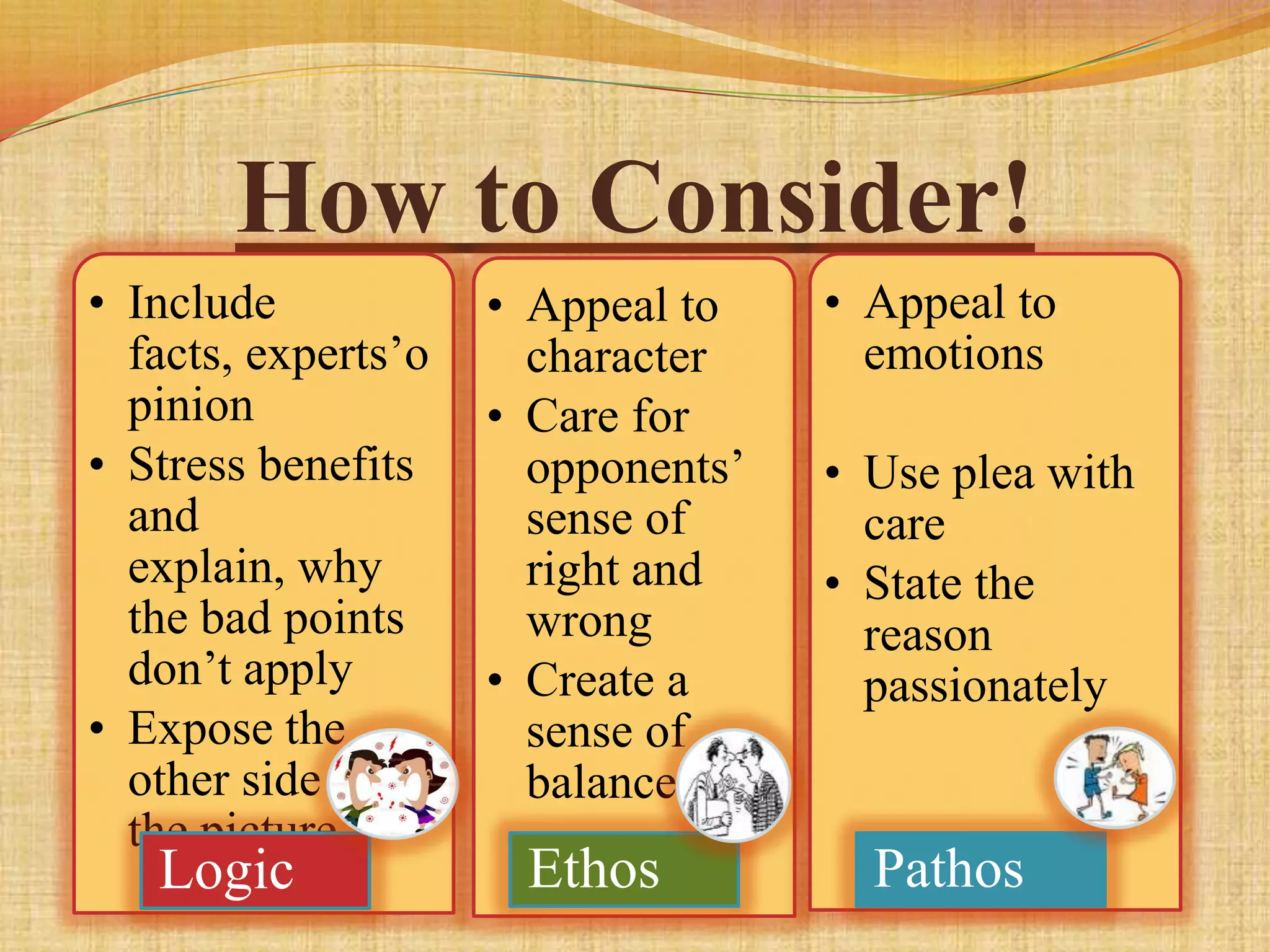 How to Consider!
• Include            • Appeal to    • Appeal to
  facts, experts’o     character      emotions
  pinion             • Care for
• Stress benefits      opponents’   • Use plea with
  and                  sense of       care
  explain, why         right and    • State the
  the bad points       wrong          reason
  don’t apply        • Create a       passionately
• Expose the           sense of
  other side of        balance
  the picture
   Logic              Ethos           Pathos
 