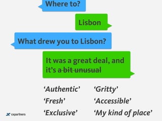 What drew you to Lisbon?
Where to?
Lisbon
It was a great deal, and
it’s a bit unusual
‘Authentic’
‘Fresh’
‘Exclusive’
‘Gri...
